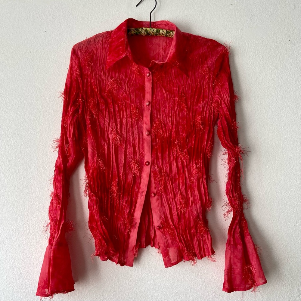 Vintage Y2K Fringe Button Up Sheer Bell Sleeve Blouse